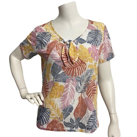 Isle Easentials Multicolor Leaf Print Top Blouse Tie Front Small 10-12 - Picture 1 of 10